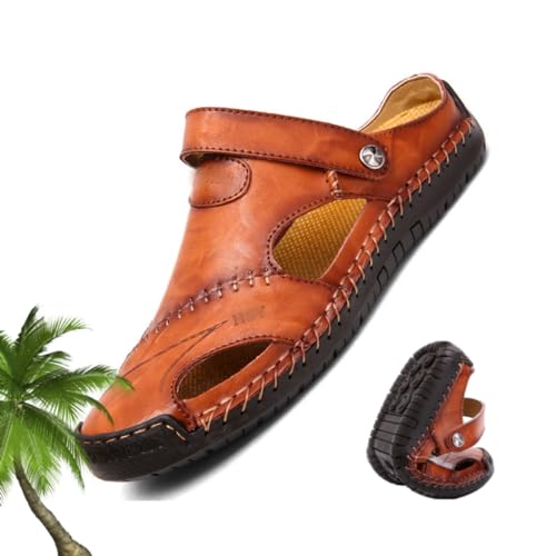 HESYSUAN Große Größe, weiches Leder, atmungsaktive Outdoor-Sandalen, Leder-Strandschuhe, Herren-Nähen, Echtleder-Sandalen, rotbraun, 41 EU von HESYSUAN