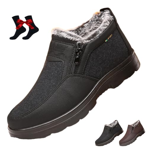 HESYSUAN Herren Orthopädische Warme Schneestiefel Wasserdicht Rutschfest Winter Fleece Schuhe Winter Wasserdicht Pelz Gefüttert Slip on Stiefeletten mit Seitlichem Reißverschluss, Schwarz , Medium von HESYSUAN