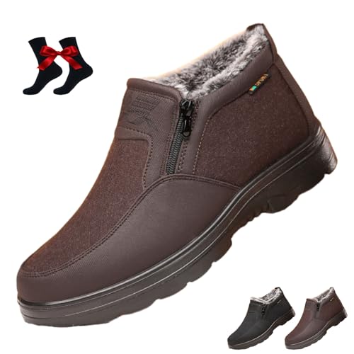 HESYSUAN Herren Orthopädische Warme Schneestiefel Wasserdicht Rutschfest Winter Fleece Schuhe Winter Wasserdicht Pelz Gefüttert Slip on Stiefeletten mit Seitlichem Reißverschluss, braun, Medium von HESYSUAN