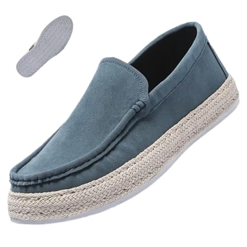HESYSUAN Herren Slip-On Espadrille Loafers, Low Top Slip on Bootsschuhe Atmungsaktiv Handgemachte Stroh Mokassins Bequem Rutschfest Gehen Fahren Flach, blau, 44 EU von HESYSUAN