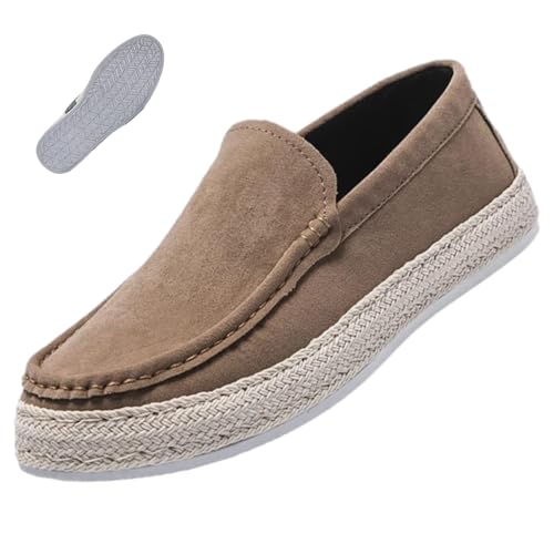 HESYSUAN Herren Slip-On Espadrille Loafers, Low Top Slip on Bootsschuhe Atmungsaktiv Handgemachte Stroh Mokassins Bequem Rutschfest Gehen Fahren Flach, khaki, 44 EU von HESYSUAN