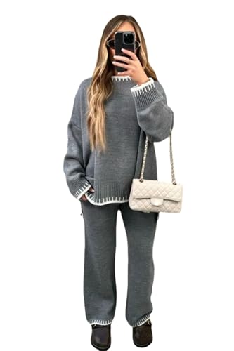 HESYSUAN Knitted Two-Piece Set for Women Fashion Solid Colour Casual Loose Two Piece Set 2 Piece Outfits Knitted Sweater Long Pant (Grey,S) von HESYSUAN