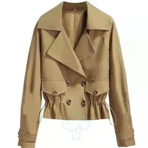 HESYSUAN Koreanischen Stil Kurze Mode Trenchcoat Frauen Casual Revers Zweireiher Mantel Lose Cropped Leichte Trenchcoat, khaki, XL(57.5-65kg) von HESYSUAN