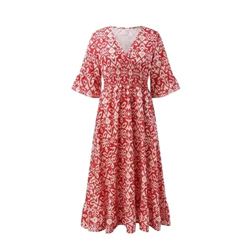 HESYSUAN Langes Kleid im Bohemian-Stil, lässiger Druck, V-Ausschnitt, Taillenwickel, Sommer, modisch, charmant, langes Kleid mit V-Ausschnitt, Bohemian-Wickel-V-Ausschnitt, 3/4-Ärmel, rot, X-Large von HESYSUAN