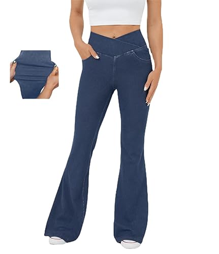 HESYSUAN Magische Schlaghose mit hoher Taille, ultra-hohe Stretch-Denim-Ausgestellte Leggings, Übergröße, hochelastische Yoga-Leggings (Dunkelblau, L) von HESYSUAN