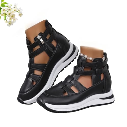 HESYSUAN Northend Orthopädische Sandalen für Damen, seitlicher Reißverschluss, bequem, leicht, Keilsandalen, ausgehöhlt, atmungsaktiv, Plateau-Keilsandalen, Schwarz , 44 EU von HESYSUAN