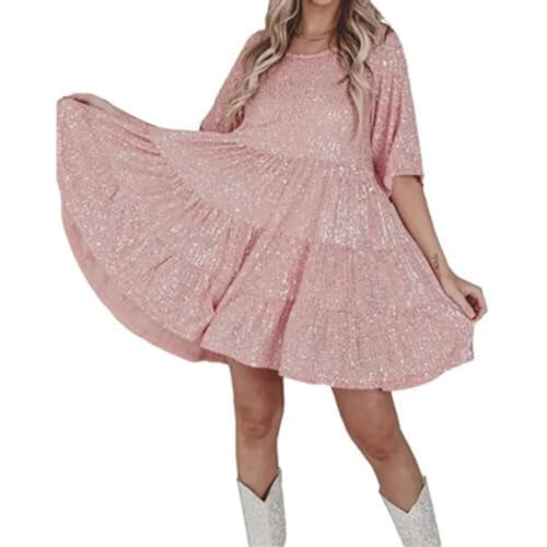 HESYSUAN Pailletten Babydoll Kleid Glitzernde Pailletten Mini Kleid für Frauen Kurze Ärmel Pailletten Tunika Kleid Konzert Party Kleid (Pink,XXL) von HESYSUAN