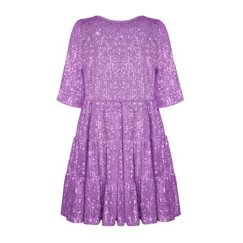 HESYSUAN Pailletten Babydoll Kleid Glitzernde Pailletten Mini Kleid für Frauen Kurze Ärmel Pailletten Tunika Kleid Konzert Party Kleid (Purple,M) von HESYSUAN