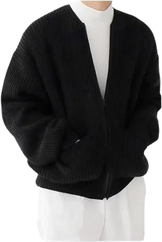 HESYSUAN Trendige Strickjacke Pullover für Herren Plus Size Zip Up Knit Cardigan Pullover Langarm Warm Reißverschluss Strickmantel mit 2 Taschen, Schwarz , XXXL von HESYSUAN