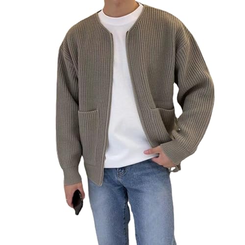 HESYSUAN Trendige Strickjacke Pullover für Herren Plus Size Zip Up Knit Cardigan Pullover Langarm Warm Reißverschluss Strickmantel mit 2 Taschen, khaki, X-Large von HESYSUAN