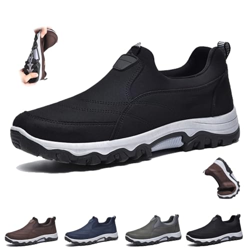 Herren Orthopädische Slip-On Schuhe Komfort Wanderschuhe Outdoor rutschfeste Weiche Sneakers Atmungsaktiv Leichte Slip-on Wandern Sneaker, Schwarz , 44 EU von HESYSUAN