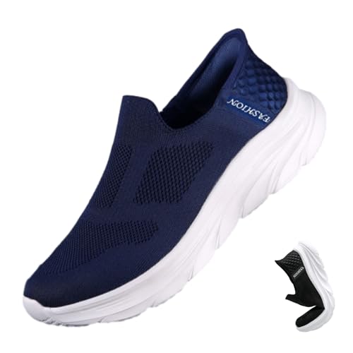 Herren-Schlupfschuhe, breite weiche Sohle, orthopädische Slip-On-Sneaker, bequem, atmungsaktiv, rutschfest, gestrickt, Wanderschuhe, dunkelblau, 44 EU von HESYSUAN