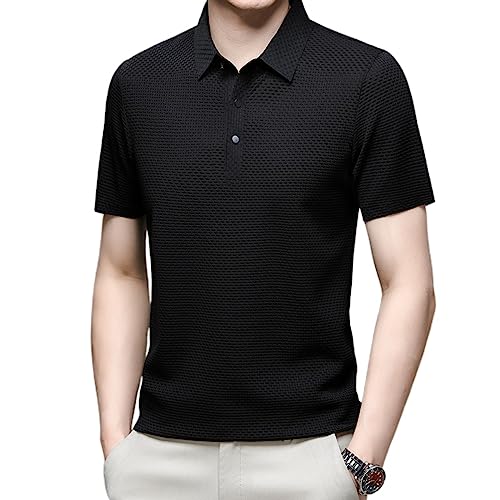 Mesh Ice Silk Kurzarm-T-Shirt,Ice Silk Schnell trocknendes Revers-Poloshirt Hohe Elastizität Bügelfrei Atmungsaktiv Casual T-Shirt (XXL/54,Black) von HESYSUAN