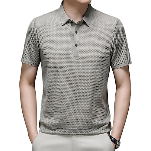 Mesh Ice Silk Kurzarm-T-Shirt,Ice Silk Schnell trocknendes Revers-Poloshirt Hohe Elastizität Bügelfrei Atmungsaktiv Casual T-Shirt (XXXL/56,Khaki) von HESYSUAN