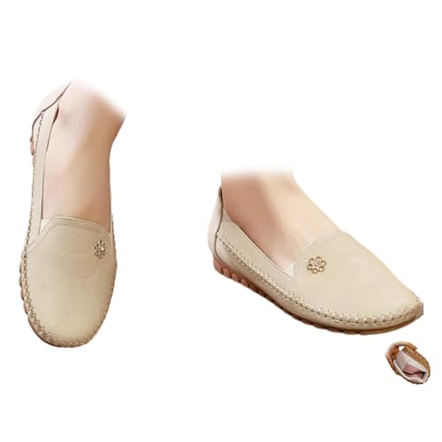 Orthopädische Lederschuhe für Damen, einfarbig, leicht, weiche Sohle, Blumenschnalle, bequeme Slipper, flache Halbschuhe, Alltagsschuhe, beige, 46 EU Orthopädische Lederschuhe für Damen, einfarbig, leicht, weiche Sohle, Blumenschnalle, bequeme Slipper, flache Halbschuhe, Alltagsschuhe, beige, 46 EU von HESYSUAN