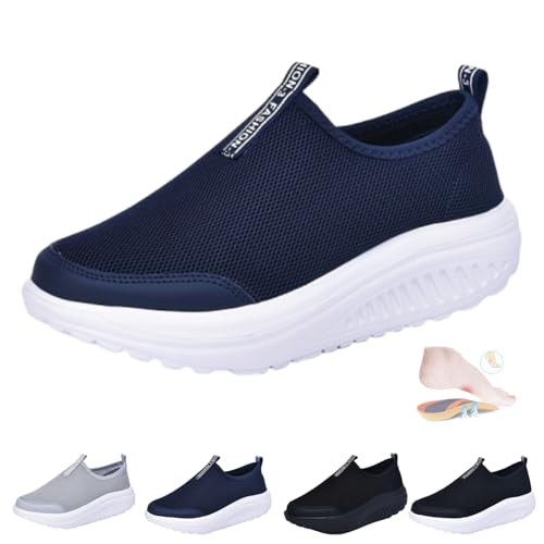 Orthopädische Schuhe mit Rocker-Sohle, breite Passform, Netzstoff, leicht, Slip-On-Plattform, orthopädische Sneaker, bequeme Fußgewölbeunterstützung, rutschfeste Sneaker, marineblau, 46 EU Orthopädische Schuhe mit Rocker-Sohle, breite Passform, Netzstoff, leicht, Slip-On-Plattform, orthopädische Sneaker, bequeme Fußgewölbeunterstützung, rutschfeste Sneaker, marineblau, 46 EU von HESYSUAN