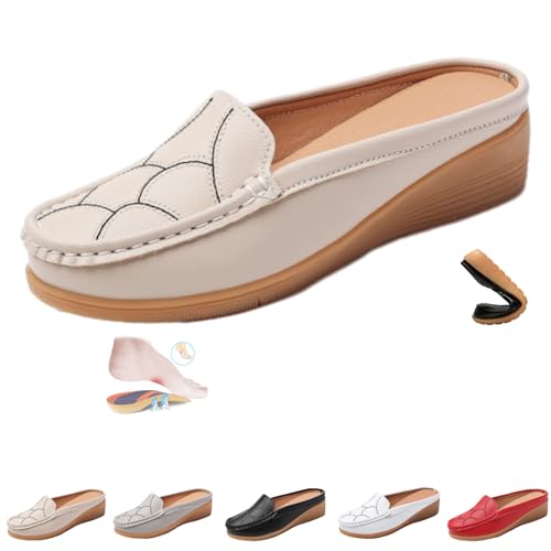 Pantoletten zum Hineinschlüpfen für Damen, rückenfrei, Leder, breite Passform, geschlossene Zehenpartie, Wandersandalen, Sneaker, rückenfreie Loafer, beige, 44 EU von HESYSUAN
