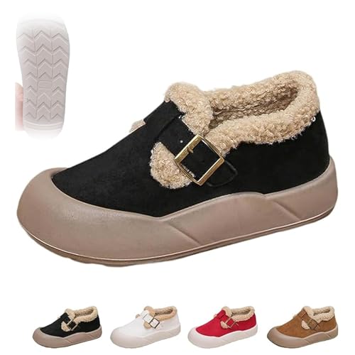 Warme Fleece-gefütterte gemütliche Damenstiefel, Kunstfell, runde Zehenpartie, klobige Schneestiefel, Schnallenriemen, rutschfeste flache Loafer, Schwarz , 39.5 EU von HESYSUAN