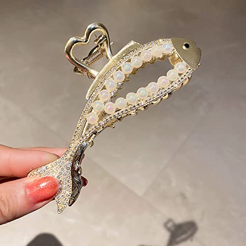 Glänzende Strassperlen Frisur Krallen für Frauen Lady Gold Farbe Metall Hohl Fisch Hai Clips Frisur Zubehör,Rhinestone1 von HETAN