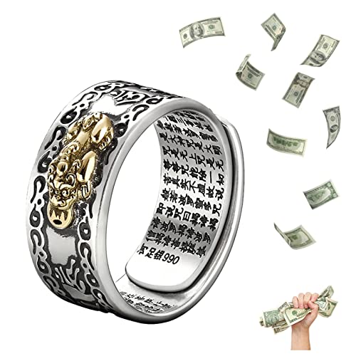 HETICA Feng Shui Pixiu Mantra Glücks-Amulett verstellbar buddhistischer Ring Viel Glück Mantra Doppelter Schutz Reichtum Liebe Gesundheit Ring für Herren Damen Vintage Ring Schmuck Geschenk, Metall von HETICA