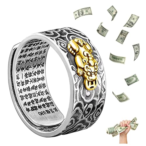 HETICA Feng Shui Pixiu Mantra Glücksbringer Einstellbar Buddhistischer Ring Erfolg Mantra Doppelschutz Reichtum Liebe Gesundheit Ring für Männer Frauen Vintage Ring Schmuck, Kupfer, Kein Edelstein von HETICA