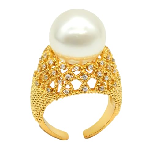 HETICA Perlenring für Damen, goldfarben, Vintage-Stil, Zirkonia, Perlenring, verstellbar, offener Perlenring, Schmuck, Geschenke für Frauen, Alltag, Kupfer, Perle, Kupfer, Perle von HETICA