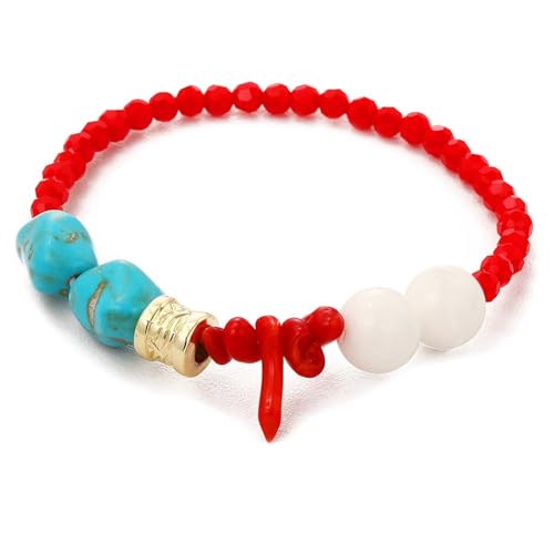 HETICA Unregelmäßiges türkisfarbenes Armband für Damen, Stretch-Armbänder mit rotem Kristall von HETICA