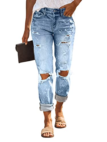HETIPR Damen Boyfriend Jeans Ripped Mid Rise Loose Fit Distressed Stretchy Denim Pants, A1-1009 Himmelblau, S von HETIPR
