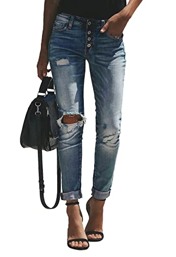 HETIPR Damen Boyfriend Jeans Ripped Mid Rise Loose Fit Distressed Stretchy Denim Pants, A1-1013-blau, S von HETIPR