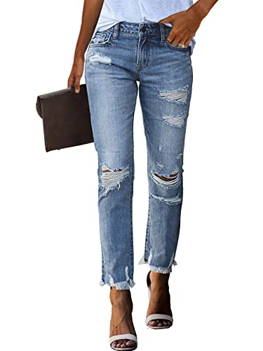 HETIPR Damen Boyfriend Jeans Ripped Mid Rise Loose Fit Distressed Stretchy Denim Pants, A1-1020-hellblau, S von HETIPR