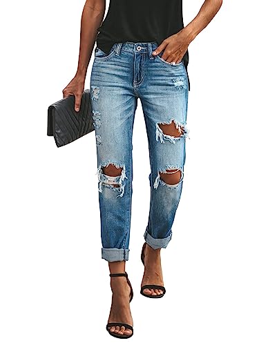HETIPR Damen zerrissene Boyfriend-Jeans Mid Rise Loose Fit Distressed Stretchy Denim Pants, B1-w920-blau, X-Groß von HETIPR