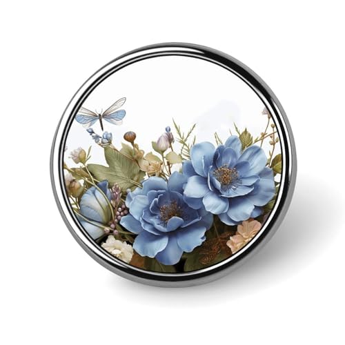 Blaue Blumen und Libelle, rundes Abzeichen für Männer und Frauen, langlebige und stilvolle Anstecknadeln, leichte Metallabzeichen für Hemden, Jacken, Hüte von HETVBNS
