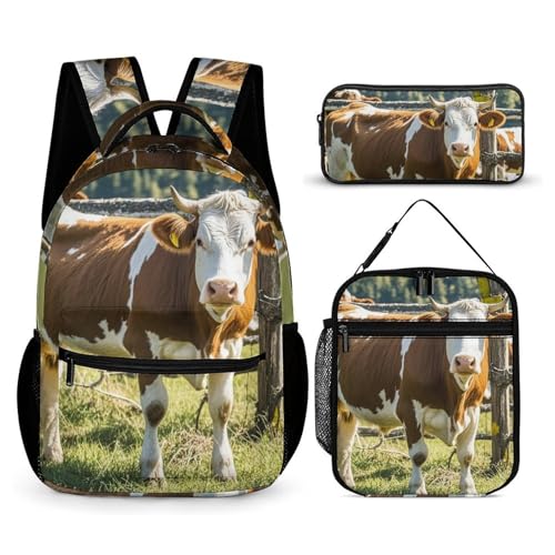 HETVBNS Bauernhof Kuh Bilder Rucksack Set 3-teilig, langlebiger Rucksack Isolierte Lunchtasche Tragbares Federmäppchen für Männer Frauen von HETVBNS