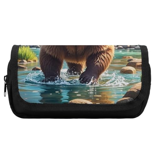 HETVBNS Bear Crossing The River Cartoon Federmäppchen, extra groß, doppellagiges Federmäppchen mit Reißverschluss, tragbare Kosmetiktasche für Reisen, Büro, Schreibwaren-Organizer für Damen und Herren von HETVBNS