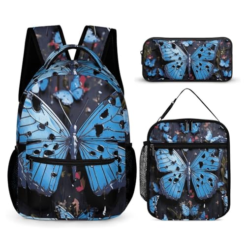 HETVBNS Blauer Schmetterlingsrucksack-Set, 3-teilig, robuster Rucksack, isolierte Lunchtasche, tragbares Federmäppchen für Männer und Frauen von HETVBNS