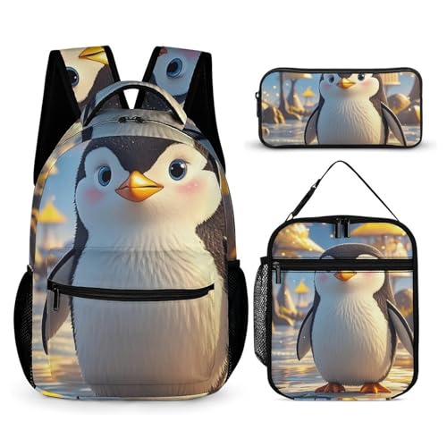 HETVBNS Cartoon Cute Penguin Backpack Set 3 Piece, Durable Backpack Insulated Lunch Bag Portable Pencil Case for Men Women von HETVBNS