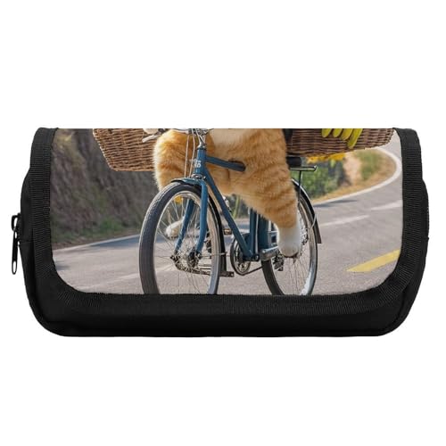 HETVBNS Cats Ride Bikes to Deliver Bananen-Federmäppchen, extra groß, doppellagiges Federmäppchen mit Reißverschluss, tragbare Kosmetiktasche für Reisen, Büro, Schreibwaren-Organizer für Damen und von HETVBNS