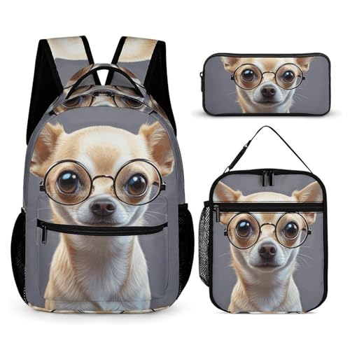 HETVBNS Chihuahua Hund Brille Rucksack Set 3 Stück Haltbarer Rucksack Isolierte Lunchtasche Tragbares Federmäppchen für Männer Frauen von HETVBNS