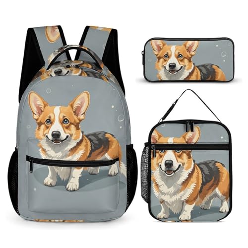 HETVBNS Corgi Pattern Corgi Pattern Rucksack Set 3-teilig, robuster Rucksack, isolierte Lunchtasche, tragbares Federmäppchen für Männer und Frauen von HETVBNS