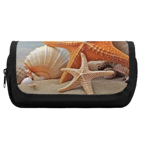 HETVBNS Federmäppchen mit Seestern-Muschel-Design, extra groß, doppellagig, mit Reißverschluss, tragbare Kosmetiktasche für Reisen, Büro, Schreibwaren, Organizer für Damen und Herren von HETVBNS