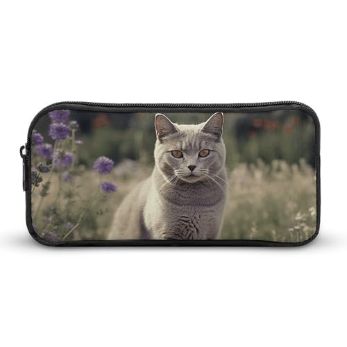 HETVBNS Federmäppchen mit grauer Katze im Blumenfeld, großes Fassungsvermögen, Reißverschluss-Tasche, langlebige Stiftebox, Organizer, tragbare kleine Kosmetiktasche für Büro, Reisen HETVBNS Federmäppchen mit grauer Katze im Blumenfeld, großes Fassungsvermögen, Reißverschluss-Tasche, langlebige Stiftebox, Organizer, tragbare kleine Kosmetiktasche für Büro, Reisen von HETVBNS