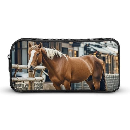 HETVBNS Federmäppchen mit großem Fassungsvermögen, Motiv: Pferd in der Straße, langlebige Stiftebox, Organizer, tragbare kleine Kosmetiktasche für Büro, Reisen von HETVBNS