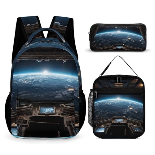 HETVBNS Outer Space Views from The Spaceship Rucksack Set, 3-teilig, robuster Rucksack, isolierte Lunchtasche, tragbares Federmäppchen für Männer und Frauen von HETVBNS