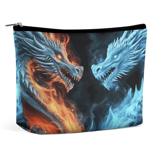 HETVBNS Reise-Make-up-Tasche, tragbare Kosmetiktasche für Damen, Eis- und Feuerdrachen, Make-up-Tasche, Organizer mit Reißverschluss, wasserdicht, offen, flach, Kulturbeutel, niedliche Make-up-Tasche von HETVBNS