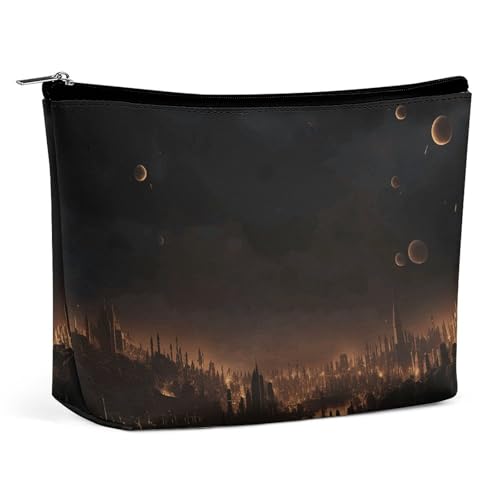 HETVBNS Reise-Make-up-Tasche, tragbare Kosmetiktasche für Damen, Stadt im Dunkeln, Make-up-Tasche, Organizer mit Reißverschluss, wasserdicht, offen, flach, Kulturbeutel, niedliche Make-up-Tasche für von HETVBNS