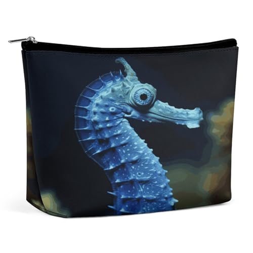 HETVBNS Reise-Make-up-Tasche, tragbare Kosmetiktasche für Damen, blaues Seepferdchen, Make-up-Tasche, Organizer mit Reißverschluss, wasserdicht, offen, flach, Kulturbeutel, niedliche Make-up-Tasche von HETVBNS