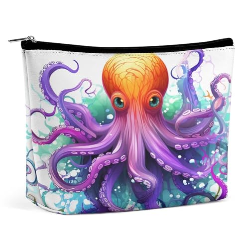 HETVBNS Reise-Make-up-Tasche, tragbare Kosmetiktasche für Damen, bunte Oktopus-Make-up-Tasche, Organizer mit Reißverschluss, wasserdicht, offen, flach, Kulturbeutel, niedliche Make-up-Tasche für von HETVBNS