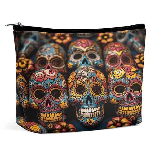 HETVBNS Reise-Make-up-Tasche, tragbare Kosmetiktasche für Damen, bunte Totenköpfe, Make-up-Tasche, Organizer mit Reißverschluss, wasserdicht, offen, flach, Kulturbeutel, niedliche Make-up-Tasche für von HETVBNS