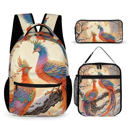 HETVBNS Two Phoenixes in Winter Rucksack Set 3-teilig, robuster Rucksack, isolierte Lunchtasche, tragbares Federmäppchen für Männer und Frauen von HETVBNS