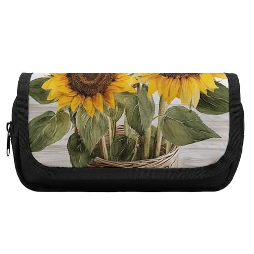 HETVBNS Verführerisches Sommer-Federmäppchen mit Sonnenblumen, extra groß, doppellagiges Federmäppchen mit Reißverschluss, tragbare Kosmetiktaschen für Reisen, Büro, Schreibwaren, Organizer für Damen von HETVBNS